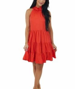 Glam Dresses Fire Tiered Halter Neck Dress With Pockets