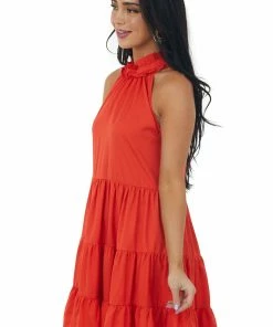 Glam Dresses Fire Tiered Halter Neck Dress With Pockets