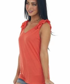 Vanilla Bay Fire V Neck Knit Tank Top With Ruffle Straps