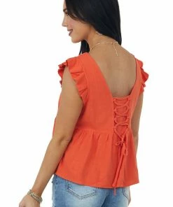 Very J Fire V Neck Strappy Back Detail Woven Top Tops