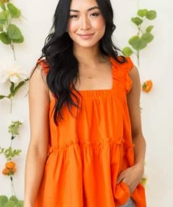 Entro Fire Orange Tank Top With Thick Ruffled Straps Tops