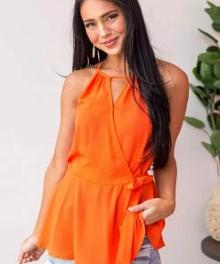 Staccato Tops Fire Surplice Halter Neck Keyhole Peplum Top