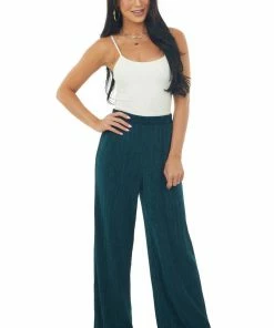Ces Femme Forest Green Elastic Waist Wide Leg Ribbed Pants