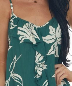 ANGIE Dresses Forest Green Floral Ruffle Detail High Low Dress