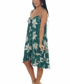 ANGIE Dresses Forest Green Floral Ruffle Detail High Low Dress