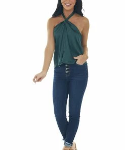LE LIS Tops Forest Green Floral Textured Halter Neck Top