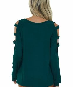 Lime Lush Forest Green Ladder Cold Shoulder Loose Top