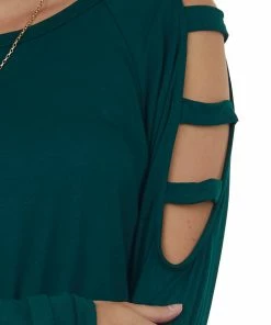 Lime Lush Forest Green Ladder Cold Shoulder Loose Top