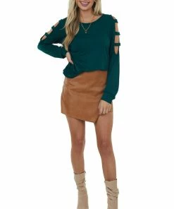 Lime Lush Forest Green Ladder Cold Shoulder Loose Top
