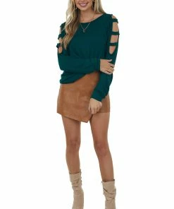 Lime Lush Forest Green Ladder Cold Shoulder Loose Top