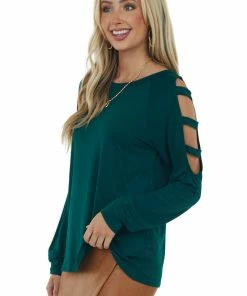 Lime Lush Forest Green Ladder Cold Shoulder Loose Top