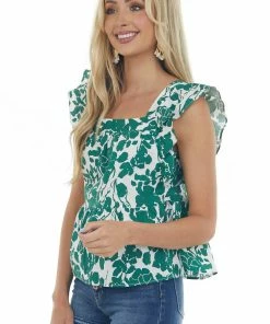 Hailey & Co Forest Green Leaf Print Square Neck Woven Top 15 Hailey & Co Forest Green Leaf Print Square Neck Woven Top