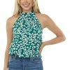 FSL APPAREL Forest Green Leopard Print Halter Neck Blouse Tops
