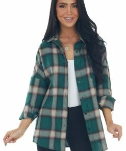 Shewin Tops Forest Green Plaid Button Up Long Sleeve Top