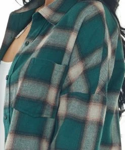 Shewin Tops Forest Green Plaid Button Up Long Sleeve Top