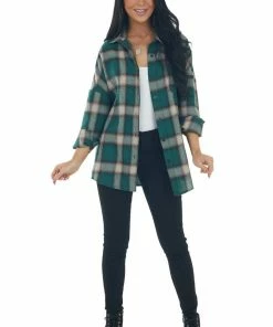 Shewin Tops Forest Green Plaid Button Up Long Sleeve Top