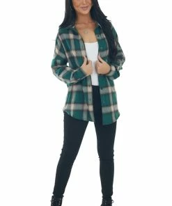 Shewin Tops Forest Green Plaid Button Up Long Sleeve Top