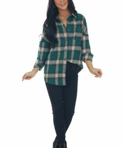 Shewin Tops Forest Green Plaid Button Up Long Sleeve Top