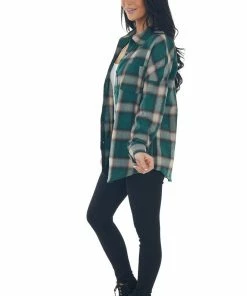Shewin Tops Forest Green Plaid Button Up Long Sleeve Top
