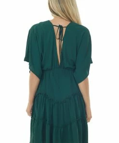 She + Sky Dresses Forest Green V Neckline Tiered Woven Short Dress