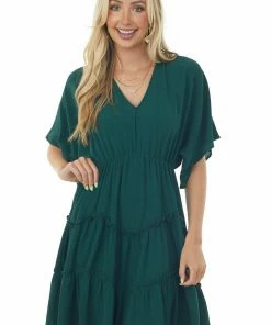 She + Sky Dresses Forest Green V Neckline Tiered Woven Short Dress