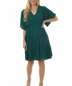 She + Sky Dresses Forest Green V Neckline Tiered Woven Short Dress