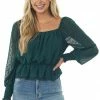 She + Sky Forest Long Sleeve Peplum Swiss Dot Blouse Tops