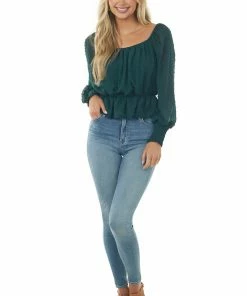 She + Sky Forest Long Sleeve Peplum Swiss Dot Blouse Tops 9 She + Sky Forest Long Sleeve Peplum Swiss Dot Blouse Tops