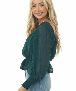 She + Sky Forest Long Sleeve Peplum Swiss Dot Blouse Tops 11 She + Sky Forest Long Sleeve Peplum Swiss Dot Blouse Tops