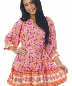 Aakaa Dresses Fuchsia Border Print Braided Belt Mini Dress