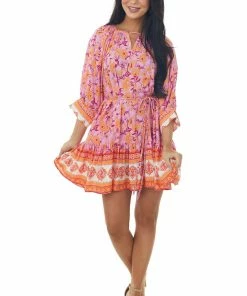 Aakaa Dresses Fuchsia Border Print Braided Belt Mini Dress