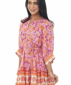 Aakaa Dresses Fuchsia Border Print Braided Belt Mini Dress