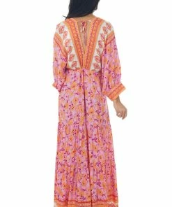 Aakaa Dresses Fuchsia Border Print Dolman Sleeve Maxi Dress