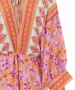 Aakaa Dresses Fuchsia Border Print Dolman Sleeve Maxi Dress