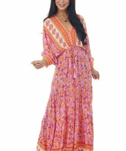 Aakaa Dresses Fuchsia Border Print Dolman Sleeve Maxi Dress