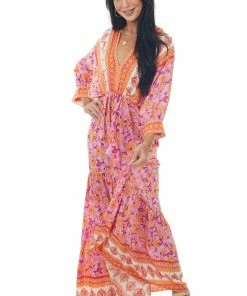 Aakaa Dresses Fuchsia Border Print Dolman Sleeve Maxi Dress