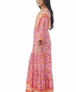 Aakaa Dresses Fuchsia Border Print Dolman Sleeve Maxi Dress