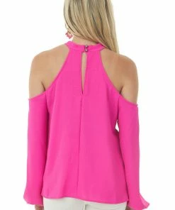 143 Story Fuchsia Cold Shoulder Bubble Sleeve Halter Top Tops
