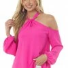 143 Story Fuchsia Cold Shoulder Bubble Sleeve Halter Top Tops