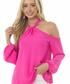 143 Story Fuchsia Cold Shoulder Bubble Sleeve Halter Top Tops