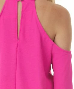 143 Story Fuchsia Cold Shoulder Bubble Sleeve Halter Top Tops