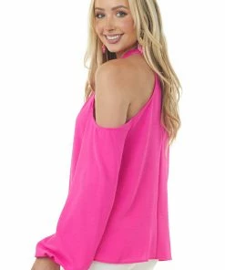 143 Story Fuchsia Cold Shoulder Bubble Sleeve Halter Top Tops