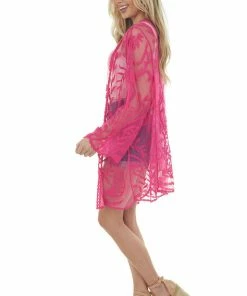 Davi & Dani Fuchsia Crochet Lace Open Front Kimono Tops 20 Davi & Dani Fuchsia Crochet Lace Open Front Kimono Tops