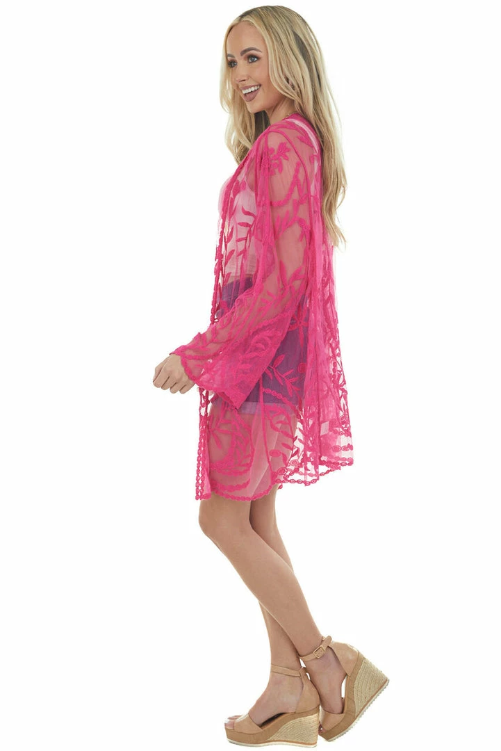 Davi & Dani Fuchsia Crochet Lace Open Front Kimono Tops 8 Davi & Dani Fuchsia Crochet Lace Open Front Kimono Tops
