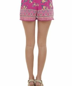ANGIE Fuchsia Floral Printed Lace Trim Tassel Shorts Bottoms