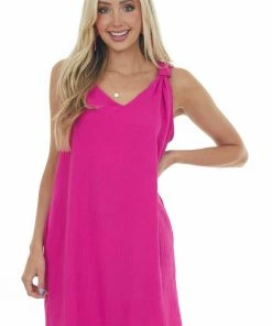 Vanilla Bay Fuchsia Knotted Strap V Neck Dress With Pockets Dresses