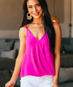 She + Sky Tops Fuchsia Surplice Adjustable Strap Cami Blouse