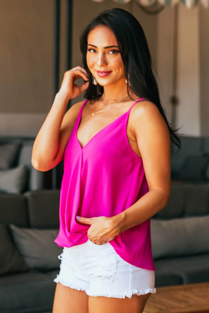She + Sky Tops Fuchsia Surplice Adjustable Strap Cami Blouse 6 She + Sky Tops Fuchsia Surplice Adjustable Strap Cami Blouse