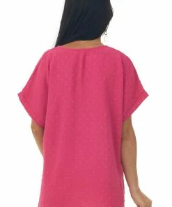 Cotton Bleu Fuchsia Swiss Dot Short Sleeve V Neck Top