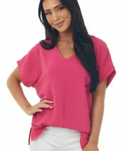 Cotton Bleu Fuchsia Swiss Dot Short Sleeve V Neck Top